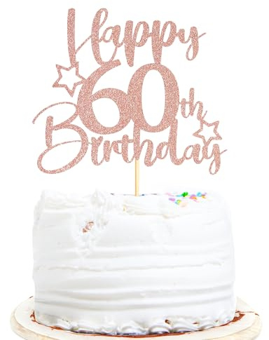 Sotpot 1pack 60th Birthday Cake Topper Double‑sided Rose Gold Glitter with Star Pattern Cake Decoration for 60th Birthday Party Supplies