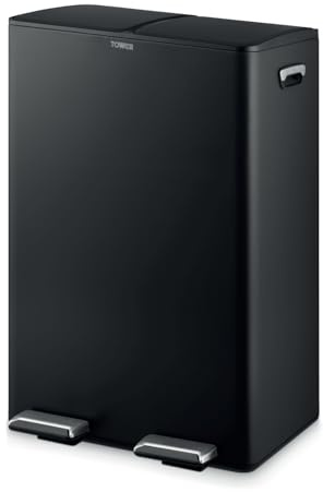 Tower Recycling Pedal Bin, Two 30L Compartments with Removable Inner Buckets, Carbon Steel Body, 60L, Black