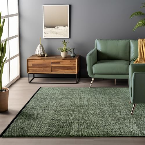 HomebyHome Baumwolle Teppich Grün 200x290 cm - Waschbar, Boho-Stil, Vintage Kelim, Kurzflor, rutschfest & Weich, Einfarbig Meliert, Für Wohnzimmer, Schlafzimmer, Büro & Küche