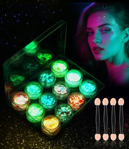 Festival Glitzer Gesicht,12 Glitzer Fluoreszierende Farben und 4 Baumwollstift -Set, Mitternachtsparty Glitzer Gesicht, Anwendbar Verschiedene Festival DIY Nägel und Karnevalsparty Body Glitter