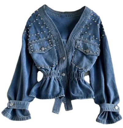 Vogrtcc Damen Jeansjacke mit Nieten, V-Ausschnitt, normale Passform, dick, lässig, Oberbekleidung mit Knopfverschluss, blau, XL Short