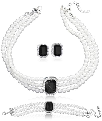 LjFrexia 3Pcs Perlen Schmuck Damen, Strass Kristall Perlen Choker Halsketten Armband Ohrringe, Mehrreihige Schmuck mit Kristallanhänger, für Frauen Braut Brautjungfer
