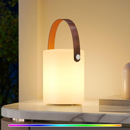 RWWR LED Outdoor Lampe Tischlampe Kabellos Akku Dimmbar USB-C Aufladbar Tischleuchte IP44 Wasserfest für Wohnzimmer Balkon Patio Terrasse Schlafzimmer mit Ledergriff (Ledergriff)