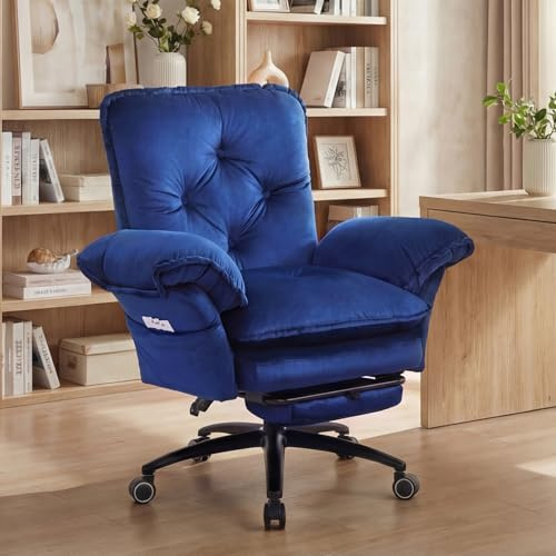 Criss Cross Chair with Adjustable Arms and Foot Rest, Wide Seat Reclining Office Chair with Back and Wheels, Makeup Vanity Chair with Side Pockets, Comfy Velvet Cross Legged Desk Chair, Blue