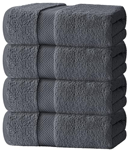 White Classic Luxury Bath Towels Large Pack of 4, Hotel Quality Bathroom Towel 137 x 68 Set, Grey Shower Cotton Towels 4 Pack, Large Thick Plush Bath Towels 700 Gsm For Body, Hair, Pool, Dark Grey