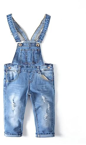 KIDSCOOL SPACE Salopette di Jeans da Bambina,Pantaloni Slim Carini in Denim Srappato da Bambino,Azzurro,3-4 Anni