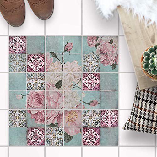 Fliesenspiegel für - [ Boden Fliesen ] - Folie Sticker Aufkleber für Fuß-Boden-Fliesen - Bad oder Küche I Fliesenaufkleber als alternative zu Fliesenfarbe I 20x20 cm - Design Durch die Blume