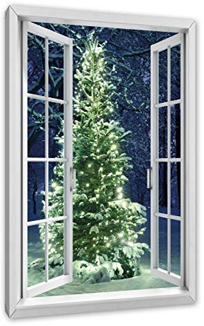 Pixxprint Leuchtender Weihnachtsbaum, Fensterbild, Größe: 100x70cm, Leinwandbild, fertig gespannt, Wandbild, Dekoration, Kunstdruck, kein Poster