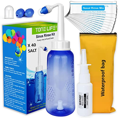 Neti Pot,Sinus Rinse Kit + 40Packets Nasal Salt+ Moisturizing Nasal Sprayer- Neti Pot Sinus Rinse -Sinus Rinse-300ml Nasal Rinse Kit with Sinus Rinse Sachets Travel Bag for Adult Kids
