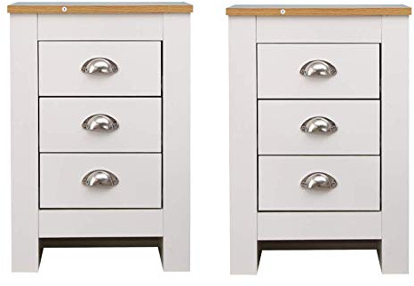 Kingwudo® Modern Wooden 2/3 Drawers Bedside Table Nightstand Night Table Cabinet Bedroom Furniture 1 Piece & 2 Set White/Grey+Oak Color (3 Drawers—White+Oak Color, Double)