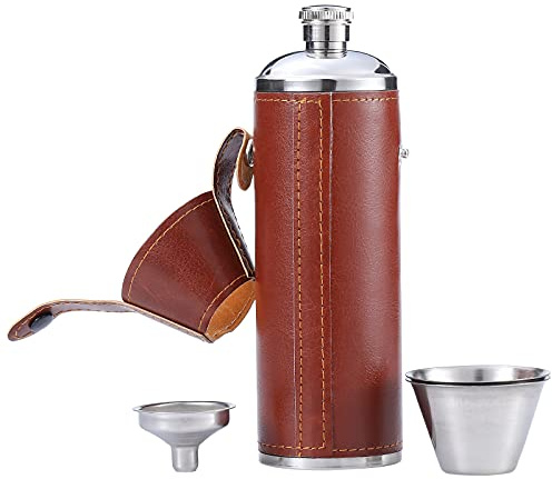 GENNISSY 10oz Brown Leather Whiskey Hip Flask Stainless Steel Leakproof Liquor Flask Set with Funnel and 2 Shot Cups Portable for Men Women