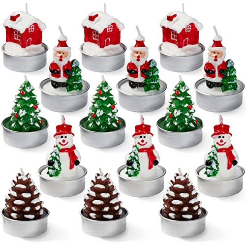 THE TWIDDLERS 15 Mini Weihnachtskerzen Teelichter - 5 Festliche Designs 5x4cm - Deko Kerzen für Advent, Weihnachtstisch & Adventskranz, Duftfrei