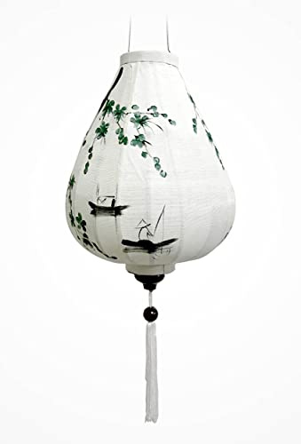 Farolillo asiático de tela de lino blanco G, diámetro de 33 cm – Farol pintado a mano de Hoi an en tela, bambú y madera – Decoración de Asia y Artesanía Vietnam (Ref. G25-CAUCA)