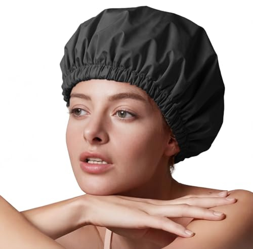 Amamba Duschhauben, mit Seide gefütterte Duschhaube für Damen, wiederverwendbar, verstellbare Größe, waschbar und wasserdicht, große Satin-Duschhaube, Schwarz
