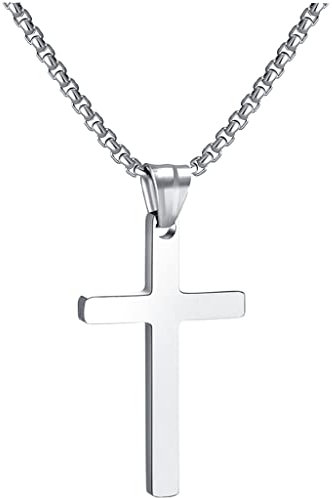 RWQIAN Stainless Steel Cross Necklace for Men Silver 50cm Cross Pendant Necklace Simple Jewelry Christian cross Chain for Mens
