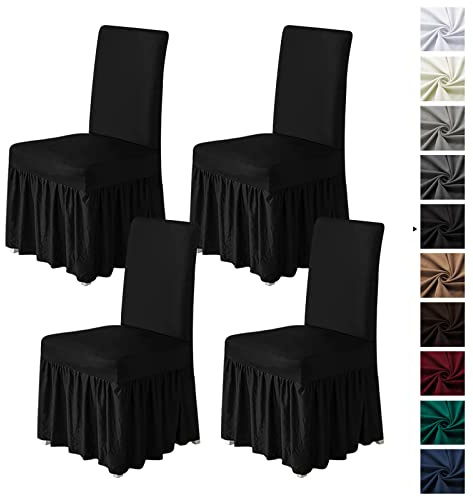molasofa Chair Covers for Dining Room Set of 4 Stretch Chair Slipcovers with Skirt for Kitchen Seat Protectors Wedding Banquet Decor Kids Pets Spandex Fabric Washable (4pcs, Black)