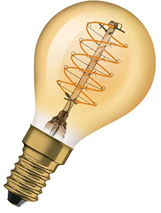 OSRAM Vintage 1906 gold tinted LED lamp, 3.4W, 250lm, classic round shape (Classic P) with E14 base, warm white light, spiral filament, dimmable, life of up to 15,000 hours