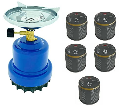 Greenpoint mini Campingkocher mit 5x190g Gaskartusche - Mini tragbarer Gaskocher mit 5 Stechkartusche, Gaskocher mit 5 butan Stechgakartusche