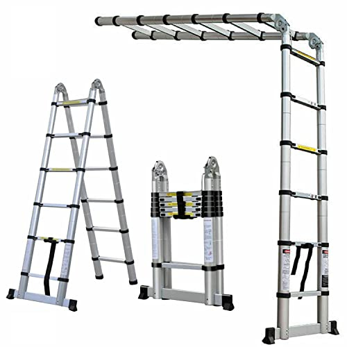 Scala Allungabile 1,9m+1,9m, Scaletta Telescopica Acciaio Inossidabile con Stabilizzatore, Scala Pieghevole Leggera, Forte e Stabile, Multiuso, Portata 150 kg, Norma EN131