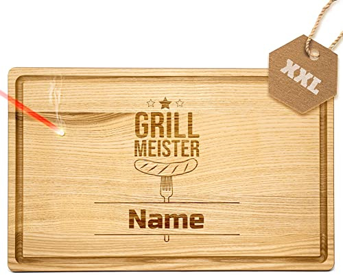 Großes Holzbrett mit Gravur - Schneidebrett personalisiert mit Name - Geschenk für Grillmeister | Eschenholz, 40 x 25 x 2 cm, personalisiertes Geschenk mit Gravur