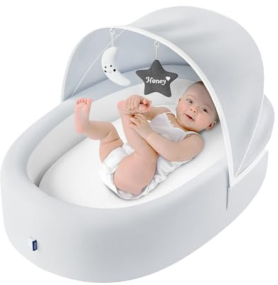 Premium Portable Baby Lounger Nest – Foldable Travel Bassinet for Newborn & Infant with Mesh Canopy, 2 Toys, Waterproof Mattress & Removable Cover – Cream