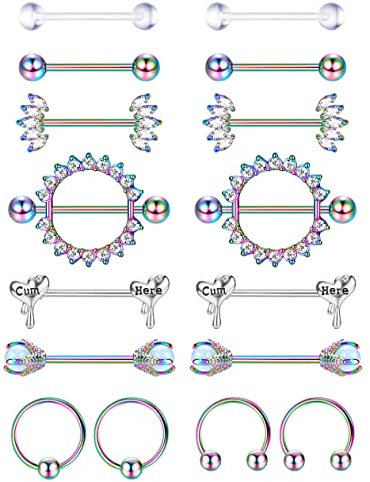 Kakonia 8Paar 14G Nippelpiercing für Damen Chirurgenstahl Schwarz Rosegold Silber Edelstah Glitzer Brustwarzenpiercing Herz Nippelringe Brustwarzen Zirkonia Set für Damen Heren