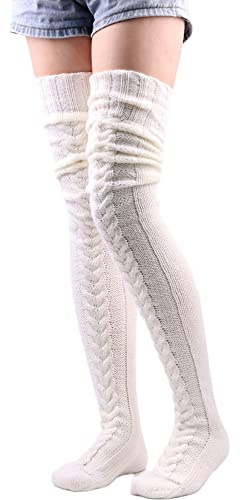 SHTGOI Bas en laine pour femme - En tricot - Chaud - Bas d'hiver - Chauffe-jambes - Longues - Rayures - Chaussettes hautes - Pour anniversaire, Noël, Saint Valentin - Blanc - 85 cm