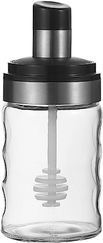 MIUPOO Honigspender,Honigtopf,Honigdosen mit Löffelabdeckung,Glas Honigflasche mit Silikon Rührer, versiegelte transparente Honigbehälter, 280ml.