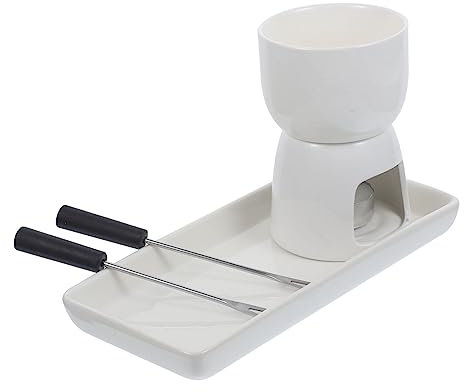 Mikinona 1 Set Ceramic Butter Warmer Fondue Pot Non Electric Chocolate Melting Stove with Tealight Candle for Cheese Caramel Butter Includes Forks and Dishes Kitchen Essential