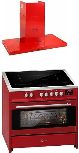GURARI Induktions-Standherd E 913 R + GCH 461 RD 9, Range Cooker/Elektro Standherd 90 cm FLEX Induktionskochfeld + Dunstabzugshaube 90 cm, Rot