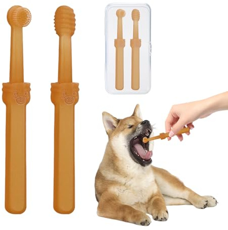 2 spazzolini da denti per animali domestici e 1 scatola portaoggetti, spazzolino da denti per cani, spazzolino in silicone morbido a 360 gradi, pulizia dei denti per animali domestici, adatto per