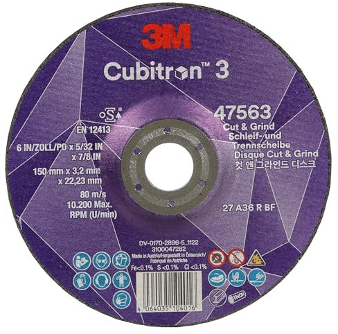 3M Cubitron 3 Disco de Corte y Desbaste, 47563, 36+, T27, 150 mm x 3.2 mm x 22.23 mm, EN, Paquete de 10 Unidades