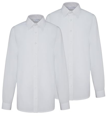Trutex Boys 2 Pack Long Sleeve White School Shirts (3-16+ Years) - Regular Fit, Button Down, White