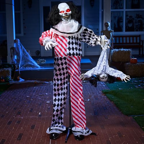 JOYIN Halloween-Clown mit Puppe, Animatronik-Dekoration, lebensgroßer gruseliger Clown mit Bewegung, Licht und Ton (Ton/Bewegungssensor),163cm große animierte Dekoration für Spukhäuser im Freien