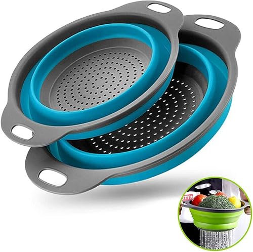 Passoire Pliable Passoire Pliable Ensemble de 2 PC Passoire Alimentaire de Grande Taille de 4 Quarts for égoutter Les Pâtes Spaghetti Fruits et Légumes Outil de Cuisine Passoire Pliante (Bleu) / 504