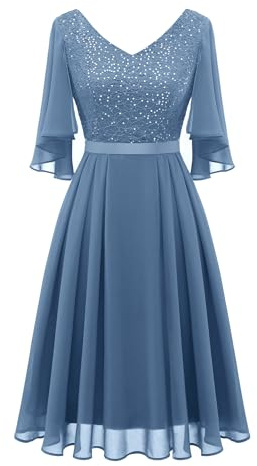 Dressystar Dam elegant cocktailklänning, V-ringad spetsklänning med paljetter, knälånga aftonklänningar, bröllop, Gråblå, M