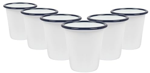 Argon Tableware 6X 300ml Weiß Emaille Tassen - Blau - Wiederverwendbar Edelstahl Zinn Camping Reisen Trinken Kaffee Becher Kinder Gläser