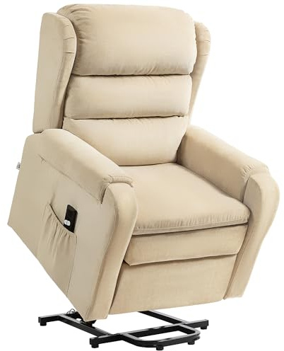 HOMCOM Poltrona Elettrica Alzapersona Reclinabile 160°, Poltrona Relax Elettrica in Velluto per Anziani con Imbottitura Spessa, Telecomando, Poggiapiedi e Tasche Laterali, Crema
