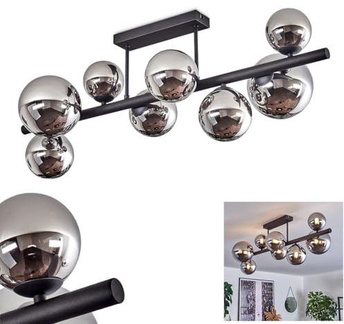 HOFSTEIN Deckenleuchte Chehalis, 8-flammige Deckenlampe aus Metall/Glas in Schwarz/Chrom/Rauch, Leuchte im Retro/Vintage-Design (Schirme Ø 10, 12, 15cm), G9, Esszimmer, Wohnzimmer, Küche, Flur, Büro