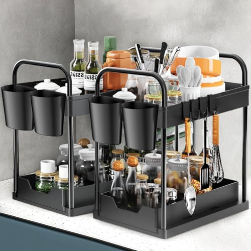 Under Sink Storage, Sink Shelf Organisation for Kitchen Bottom Slide Out Basket Sliding Kitchen Storage with Handle Under Sink Shelf Home Organisation for Cabinet with 8 Hooks, 2 Hanging Cup (2 Pack)