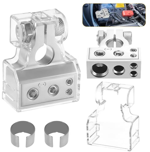 Zocipro Batterieklemmen Batterie Polklemmen 0/4/8/10 AWG Autobatterie Klemmen mit Unterlegscheiben und Abdeckung Positiv & Negativ Battery Terminal Anschlussstecker, Silber
