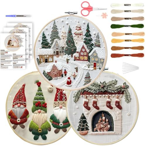 QUANMAITONG Stickset Erwachsene, Weihnachten Stickset für Anfänger, Embroidery Kit, Stick And Poke, Stickbilder Stickrahmen DIY, Kreuzstich Weihnachten Deko (3 Set)