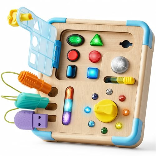 lalalark JOVA Electronic Busy Board – Montessori Learning Toddler Toy with 15 LED Light & 9 Sounds, 5 Switches & Plugs, Travel Toys Sensory Activity Board for 1 2 3 Years Old Boy & Girl Birthday Gift