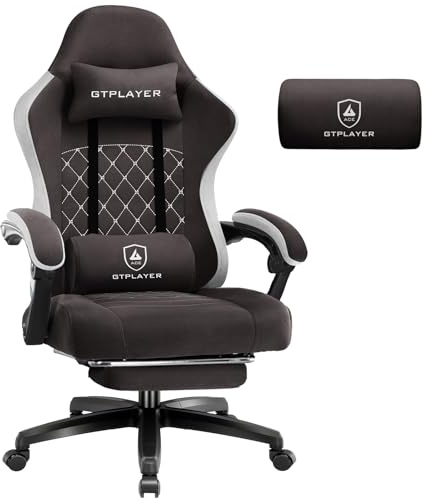 GTPLAYER Gamingstol tyg, gamingfåtölj med fickfjäderkudde, ergonomisk snurrstol, gamerstol med fotstöd 150 kg lastkapacitet, brun