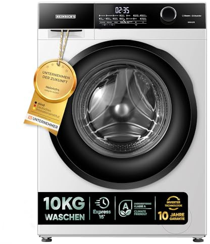 HEINRICHS Waschmaschine, Steam-Funktion, 10kg Mega Kapazität, 15 Programme, 1400 U/min., Aqua-Stop, LED-Display, Endzeitvorwahl, mit Kindersicherung, langlebiger und leiser Inverter Motor,Weiß