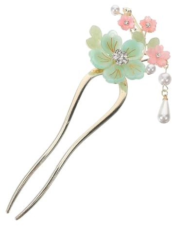 KEMMINTVN Ancient Style Elegant Flower Tassel Hairpin, Vintage Floral Hair Pin, Mint Green and Pink Flowers with Pearl Tassel, Chinese Style Hairpin Hair Accessories