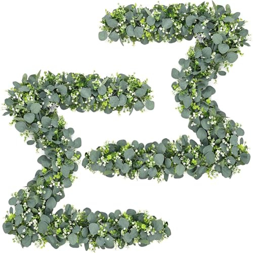 Eukalyptus Girlande Künstlich, 2 Stück 1,8m Eukalyptus Deko, Künstliche Girlande Pflanze, Hängend Grüne Blätter Deko mit Weißen Blumen, für Tischdeko Outdoor, Grün