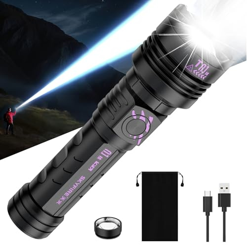 SKYFIRE Rechargeable Flashlight High Lumens: LED Super Bright Flashlights Zoomable with 5 Modes IPX6 Waterproof Handheld Powerful Flash Light for Camping, Emergenciesr,Home&Gifts（with Ignition Lens）