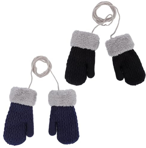 Fjquamitix 2 Pairs Baby Winter Knitted Mittens with String Cute Warm Fleece Lined Gloves Fluffy Mittens for Cold Weather Toddler Girls Boys Age 1-3 Years (Black+Navy)