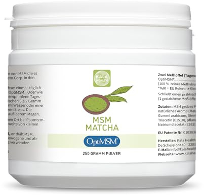 Kala Health OptiMSM Pulver Matcha-Geschmack – 100% Reines MSM Schwefelpulver – Natürliches Methylsulfonylmethan – Mit Echtem Matcha aus Natürlichen Zutaten – Ohne Zusätze (250)